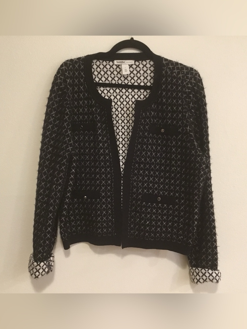 🖤 White House Black Market Black & White Diamond-Knit Cardigan | Size Large 🖤